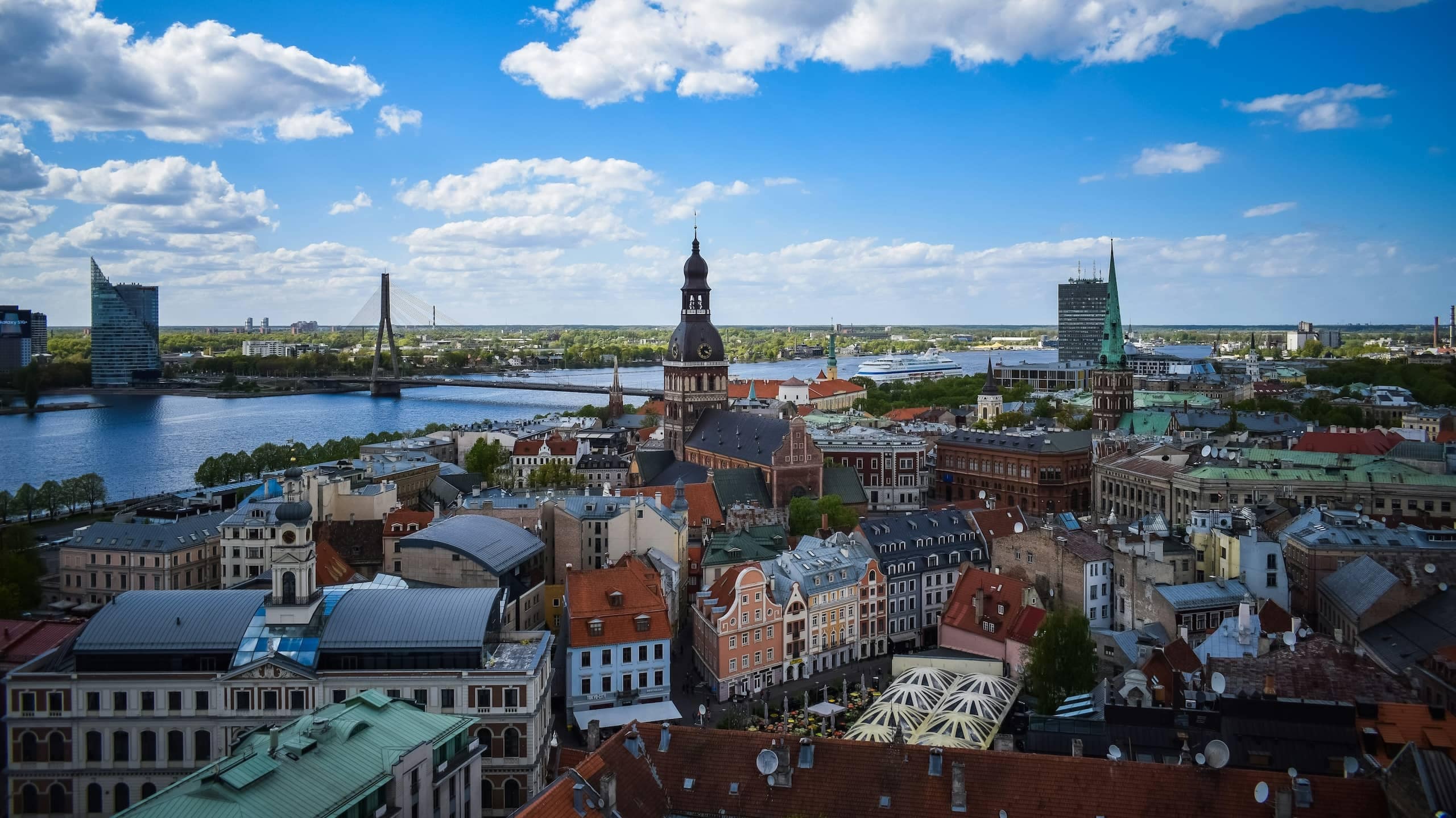 Riga’s old town rooftops and the Daugava, seen from above